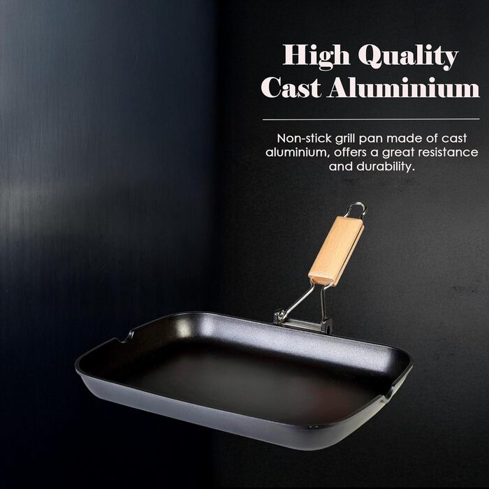 Сковорода-гриль WECOOK! Ecostone 34x24 см для індукції, алюмінієва, антипригарне покриття ILAG, екологічна, без ПФОК, товщина 5 мм, складана дерев'яна ручка, для газу та склокераміки