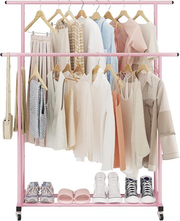 Clothes Rack with Double Rod, Rolling Clothes Rack, Portable Clothes Rack for Bedroom, Living Room, Clothing Store (Pink)