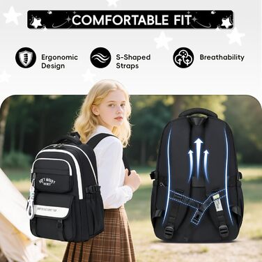Шкільний рюкзак Tanou для підлітків, рюкзак для школи, великий шкільний ранець для дівчаток 4-12 класів, водонепроникний, зручний денний рюкзак для початкової, середньої та вищої школи (Чорний)