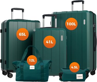 Набір валіз, багажний набір, ролер, валіза на колесах 5шт, ABS пластик, TSA замок, містить 1 сумочку та 1 косметичку, 4 колеса, телескопічна ручка з алюмінію (рожеве золото) (темно-зелений)