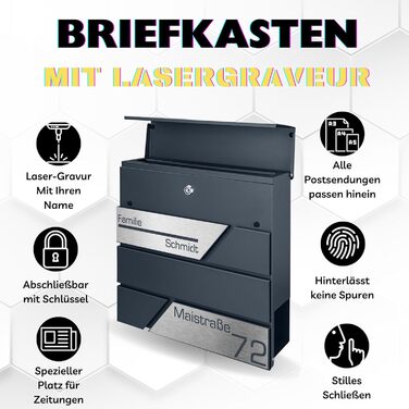 Поштовий ящик з газетницею антрацит, нержавіюча сталь, настінний, з замком та газетницею - лазерне гравіювання