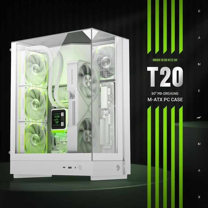 Ігровий корпус GameMax T20 BK M-ATX, панорамне загартоване скло 270°, вертикальна установка GPU, 2x120мм ARGB вентилятори, підтримка радіатора 360мм, SFX/SFX-L, BTF-Ready, чорний
