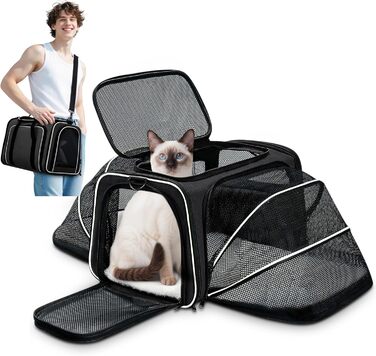 Розширювана переноска для котів та маленьких собак ALLSOPETS, м'яка переноска з 2 розширеннями, виймається флісове ліжко та кишені (Сірий & Зелений) (Чорний & Білий)