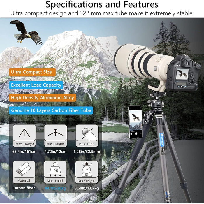 Штатив для камери ARTCISE з вуглецевого волокна з моноподом, 40 мм, для важкої техніки, 88 кг, CS80C