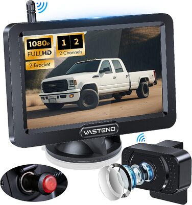 Бездротова HD 1080P камера заднього виду VASTEND з 5'' монітором, нічним баченням, водонепроникна, для авто, SUV та легкових автомобілів, підтримка 2 каналів (V02)