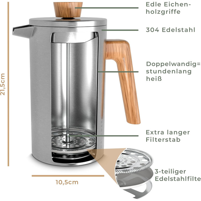 WALDWERK French Press (1L) - Coffee Maker made of double-walled stainless steel with an oak wood handle - plastic-free French Press 1L