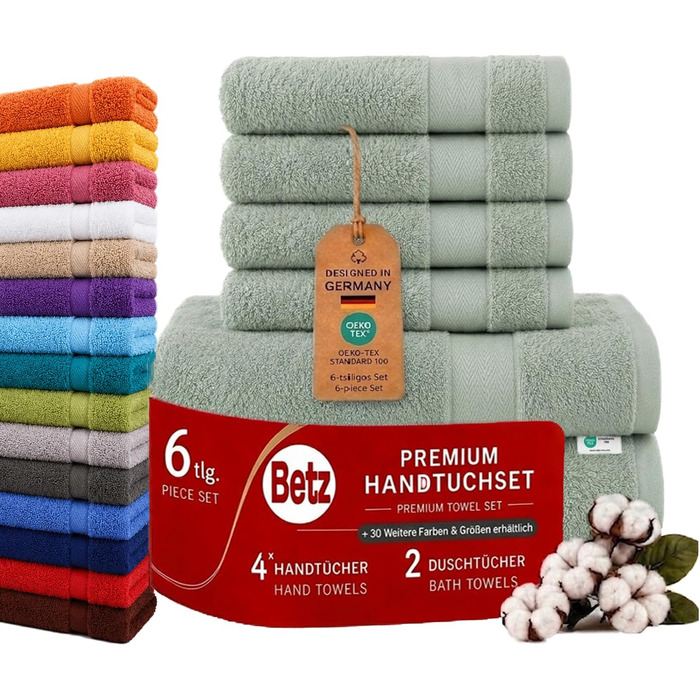 Набір рушників для ванної Betz Premium, 6 шт. (4 шт. 50x100 см, 2 шт. 70x140 см), 100% бавовна, колір сірий-зелений (Heugrün)