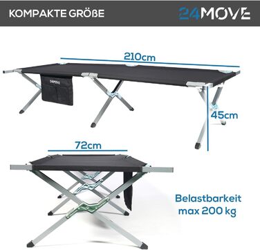 Розкладне ліжко для кемпінгу 24MOVE® - чорне, 210x72 см, до 200 кг, для відпочинку на природі та вдома