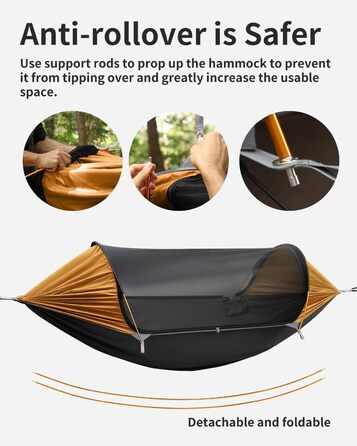 Гамак для кемпінгу 4-в-1 з москітною сіткою та знімним сонцезахистом, 290x140 см, для відпочинку на природі, пікніків, походов та подорожей. Армійний зелений та помаранчевий кольори.