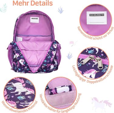 Дитячий рюкзак Bagseri Kinderrucksack для дівчаток 15L, легкий рюкзак для школи та 1-2 класу, з нагрудним ременем та ізотермічним відділенням, сумісний з DIN A4, з світловідбиваючими елементами, Deep Purple Einhorn