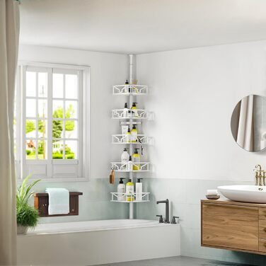 Кутовий телескопічний поличний органайзер для душу Bomclap з 5 кошиками, металевий, регульована висота 106-287 см, для ванни та душу, без свердління, білий