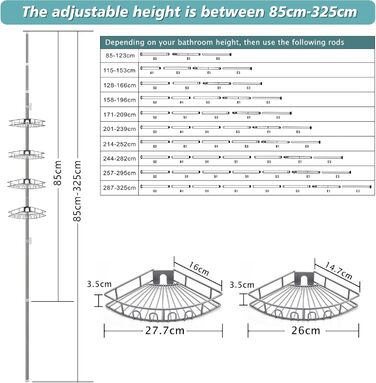 Hoomtaook Telescopic Shower Shelf, Shower Caddy Without Drilling Corner Stainless Steel Corner Shelf with 4 Shower Baskets, Telescopic Shelf Bathroom Height Adjustable 85-325cm for Bathroom and Kitchen, Grey