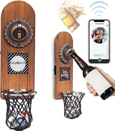 ZONSUSE Bottle Opener Wall Mount Magnet with DIY E-Ink Screen, Vintage Wood Bottle Opener Wall with Holder, Customizable Images/Texts, Unique Gift Ideas Gifts for Men Christmas Gifts