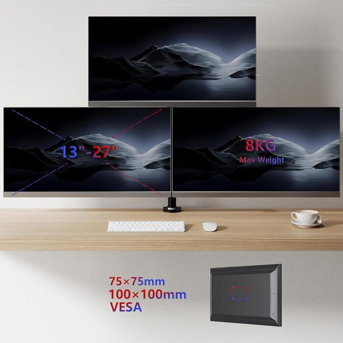 Тримач для моніторів Duronic DM253 на 3 екрани (13-27 дюймів) - Чорний, Регульована висота, кут нахилу, поворот, VESA, до 8 кг