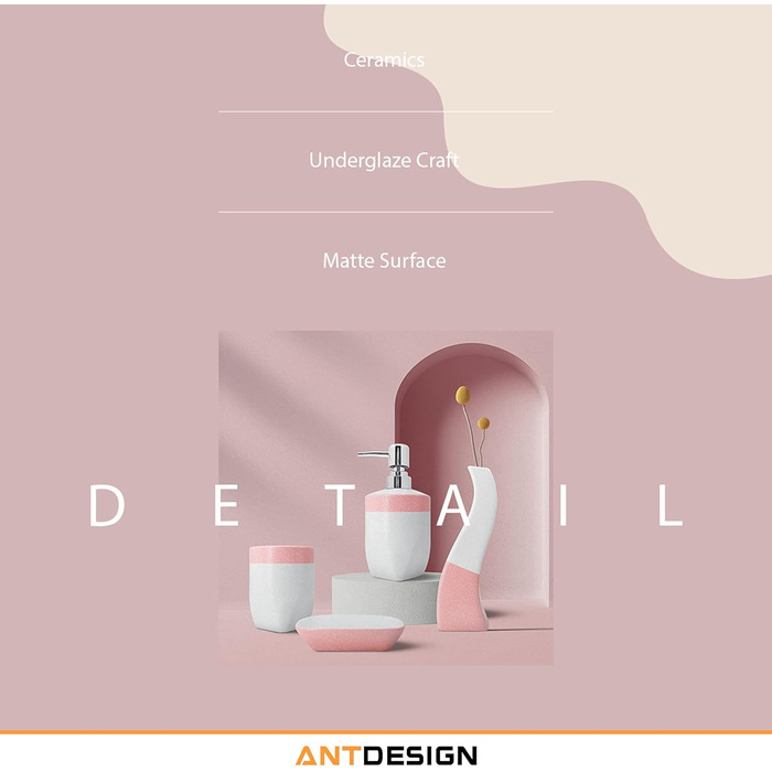 Набір аксесуарів для ванної кімнати з кераміки, 5 шт. (помпа, дозатор мила, мильниця, тримач для зубних щіток, ваза), рожевий, для сучасного декору