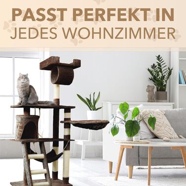 Кігтеточка для котів Foxdevil від xonic® - стабільна, багатофункціональна, з платформою, гамаком, будиночком, іграшкою, 141 см (Коричнева V1)