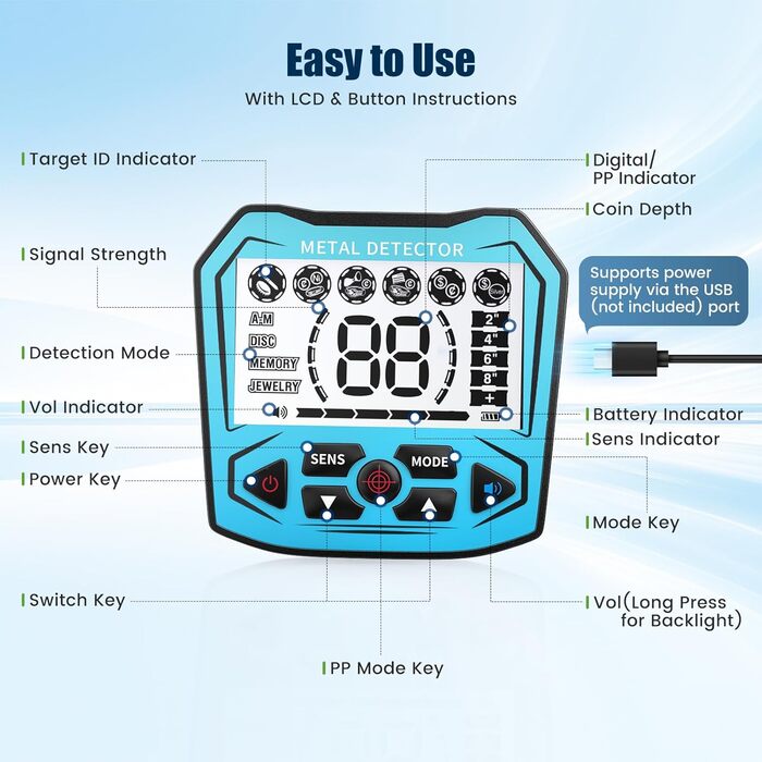 Металодетектор високоточний, регульована довжина 113-141 см, 5 режимів, акумуляторний професійний з LCD-екраном, водонепроникна котушка IP68, для дорослих та дітей, блакитний