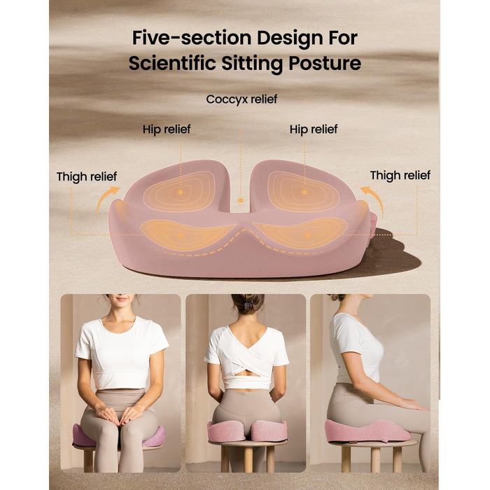 Ортопедична подушка для сидіння ProtoArc для офісного крісла: ергономічна, з піною Memory Foam, для рівномірного розподілу тиску, для комфорту протягом дня (роликове крісло, автомобіль) (Рожевий, Великий)