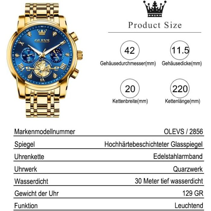 Годинник чоловічий OLEVS з металевим ремінцем, кварцовий, з місячною фазою, хронограф, водостійкий (2856 Blue / Gold)