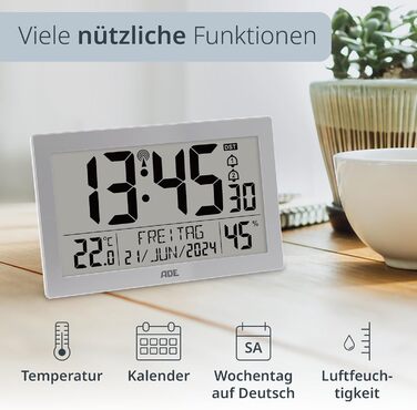 Digital Radio Clock with Large XL Display | Calendar | with Temperature Display & Hygrometer | Wall Clock | Radio Alarm Clock with 2 Alarm Times and Snooze Function | Silver