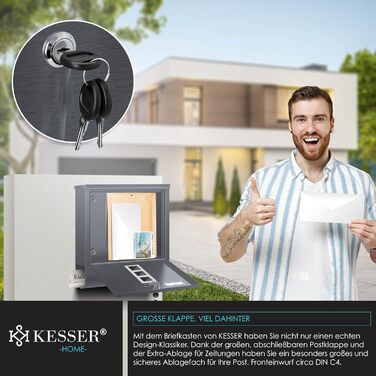 Поштова скринька KESSER® з газетницею та іменним табличкою, нержавіюча сталь, антрацит. Замок на 3 ключі, з віконцем, порошкове покриття, настінний монтаж