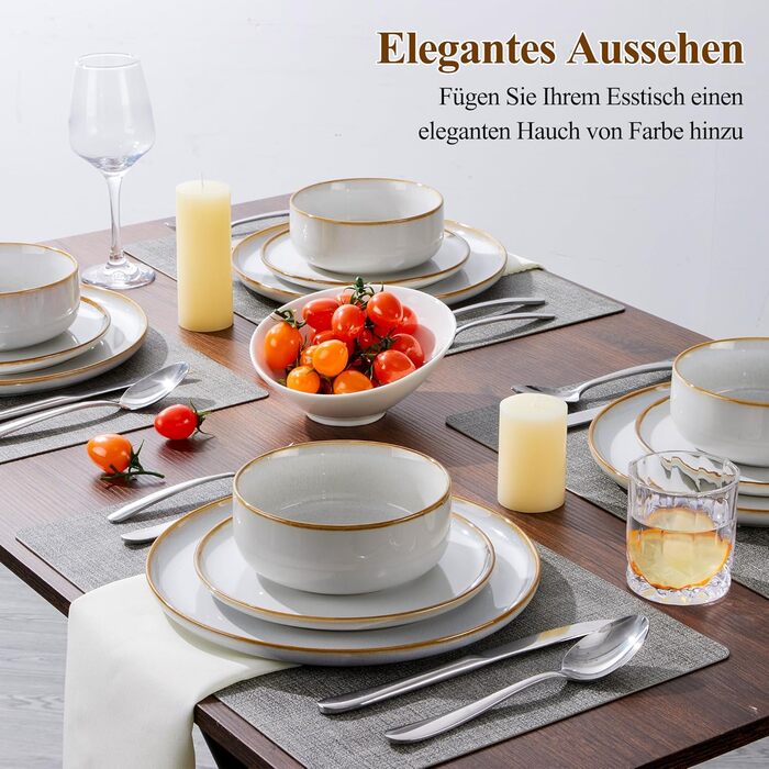 Набір посуду Joyfair на 6 осіб, 18 предметів: тарілки, миски, десертні тарілки, посуд з реактивної глазурі, для щоденного використання, сумісний з мікрохвильовою піччю та посудомийною машиною, пісочно-бежевий колір