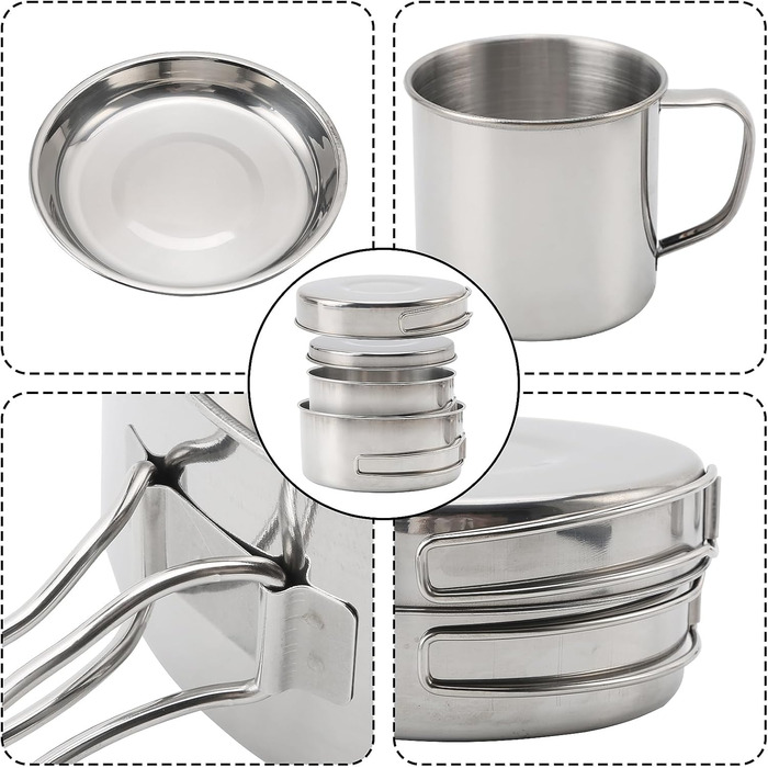 Набір кухонного посуду для кемпінгу, 8 предметів: каструля та сковорода з нержавіючої сталі, тарілки та чашки для відпочинку на природі, походів та рюкзакових подорожей. Легкий набір для приготування їжі в рюкзаку