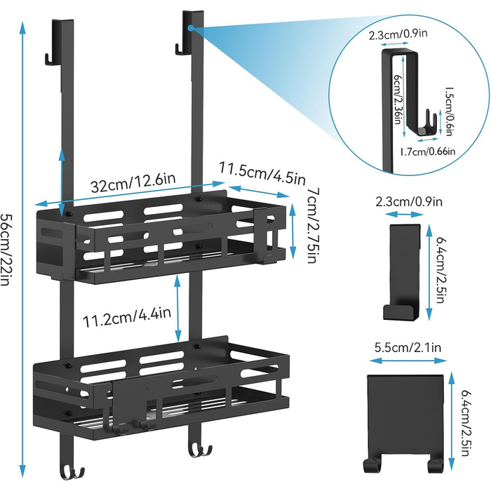 Reading Tour Shower Shelf 0n Drilling Black, Hanging Shower Shelf for Glass Shower Doors, Hanging Shower Shelf with 2 Shower Baskets, 4 Fixed Hooks, 1 Glass Wiper Hook, and 2 Movable Hooks Equipped