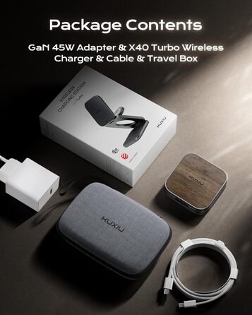 Бездротова зарядна станція KU XIU X40 Turbo Qi2.2 25W 3-в-1 для iPhone 17/16/15/14/13/12, Apple Watch, AirPods. Алюмінієвий адаптер GaN 45W, дерев'яна текстура