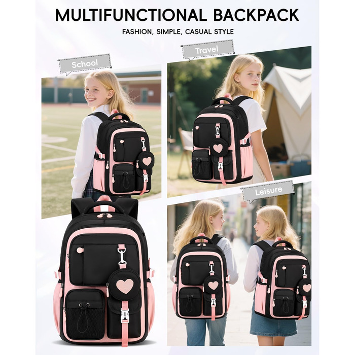 Шкільний рюкзак для дівчаток Tanou: стильний, зручний, з дихаючої тканини Oxford (3-5 клас, чорно-рожевий)