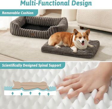 Ортопедичне собаче ліжко COZY KISS, м'яке штучне хутро, для собак маленьких та середніх порід, з високим бортиком, 76x58x18 см (сірий, 89x64x20 см)