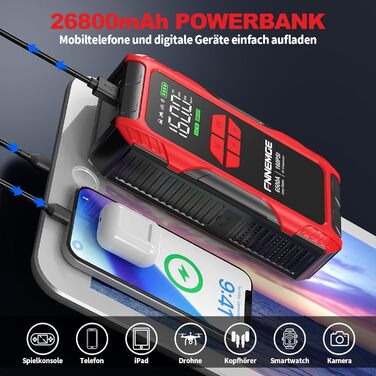 Пауербанк для авто FNNEMGE 26800mAh з пусковим струмом 6500A, компресором 160PSI, LCD-дисплеєм та LED-підсвіткою