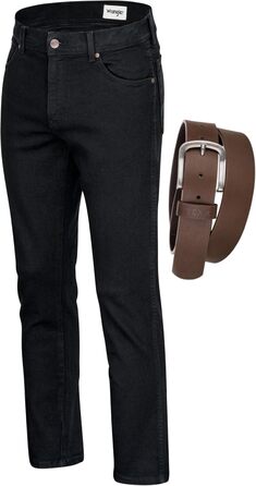 Джинси чоловічі Wrangler Texas Regular Fit Authentic Straight, еластичні, з ременем (38W/34L, Black Overdye + коричневий ремінь)