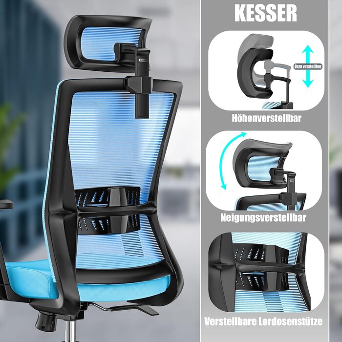 Офісне крісло KESSER® ергономічне з регульованими підлокітниками, підтримкою попереку та підголівником | Крісло для офісу з функцією гойдання до 125° та 5 колесами | Синій/Чорний