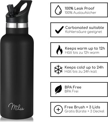 Термофляга Milu з нержавіючої сталі 500мл, 750мл, 1000мл (+3 кришки) - термос з трубочкою, ізольована пляшка, вилкафляка, подвійні стінки, підходить для газованої води (Чорний, 500мл)