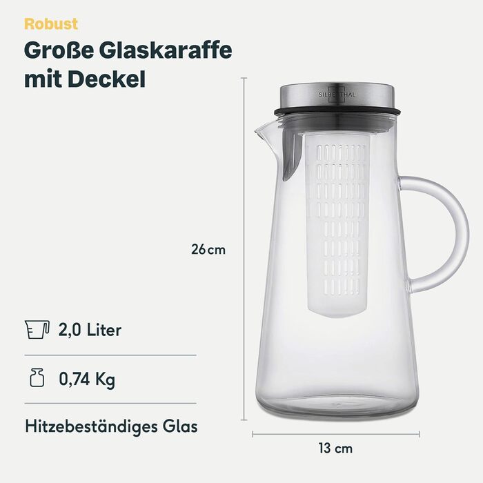 Glass Giraffe with Lid - 2 Liters - Water Carafe with Fruit Infuser - Dishwasher Safe, Transparent