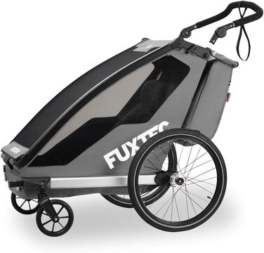 Причіп для велосипеда Fuxtec Sportfux на 2 місця, з багажником, відбивачами, ручкою-штовхачем, захистом від дощу та сонця, складний, фіолетовий FX-FA1 (сірий)