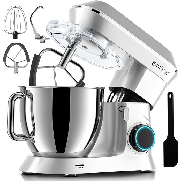 Планетарний міксер MalTecChef 2200 Вт, 6 л, 6 швидкостей, чорний, насадки для замісу тіста, збивання, кухонний комбайн