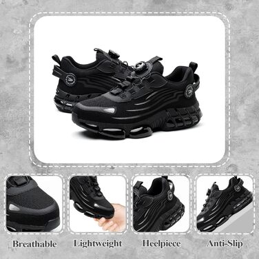Робочі черевики: захисні черевики для чоловіків та жінок, з металевим підноском, антипрокольні, легкі, спортивні, дихаючі, самозачинені, з швидкою застібкою, модні, захисні черевики 36-46 EU (46 EU, Чорний 266)
