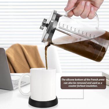 Френч-прес 600мл з нержавіючою сталлю, кавова преса, для приготування кави та чаю, стійке до нагрівання скло, підходить для миття в посудомийній машині