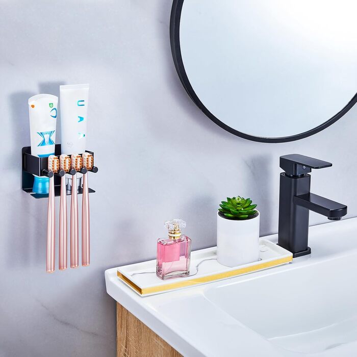 Настінний тримач для зубних щіток GGQ, для електричних та звичайних щіток, без свердління, самоклеючий, з органайзером для пасти, чорний