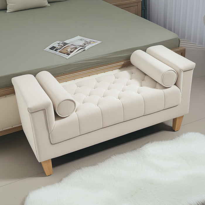 HOMCOM Bench with Chenille Upholstery, Armrest Bed Bench with 2 Cylinder Cushions, Wooden Frame, Shoe Bench for Bedroom, Living Room, Entryway 115 x 44 x 58 cm Beige | Aosom