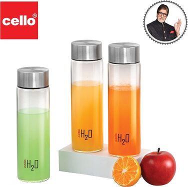 H2O Steelox Glass Water Bottle, Refrigerator Bottle, Wide Opening for Easy Cleaning, Bottle for Hotel, Travel, Office, University, 3-Piece Set, 920 ml, Silver