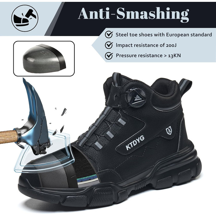 Черевики безпеки для чоловіків та жінок, водонепроникні робочі черевики, легкі спортивні черевики, черевики з металевим підноском, чорні, з поворотним затвором, 41 EU