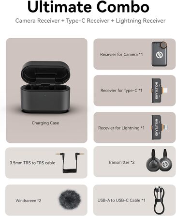 Hollyland Lark M2S Бездротовий мікрофон-петличка з USB-C для iPhone 15/16 та Android, чорний, 300 м, 27 годин роботи, для Vlogging (2TX+3RX+Зарядний пристрій)