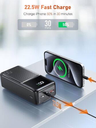 Power Bank 50000mAh з кабелем, швидка зарядка USB-C PD20W/QC22.5W, LED-індикатор, 2 входи/5 виходів, для телефонів, планшетів, подорожей, кемпінгу - Чорний
