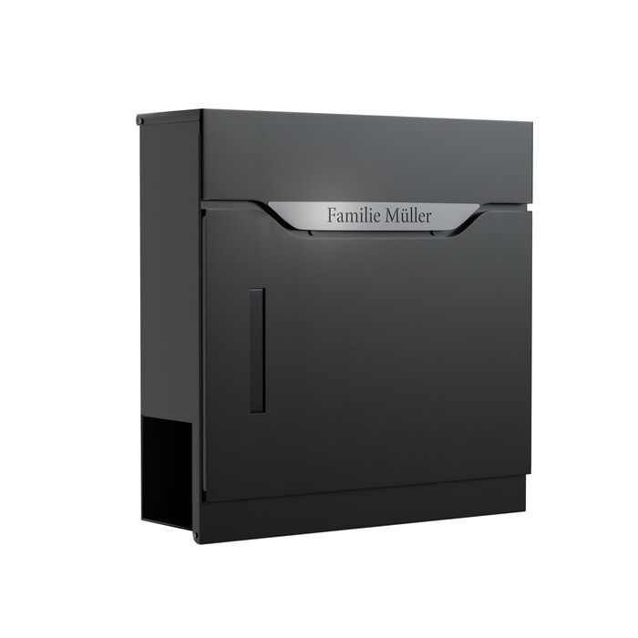 Поштовий ящик преміум класу з газетницею та оглядовим вікном, антрацит - персоналізований з іменем родини, настінний поштовий ящик