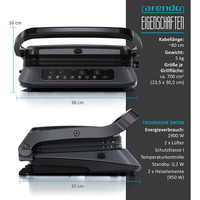 Arendo Electric Grill - Contact Grill, Tabletop Grill & Sandwich Maker with Digital Control - 1900W, 7 Programs, Removable Plates, Stainless Steel