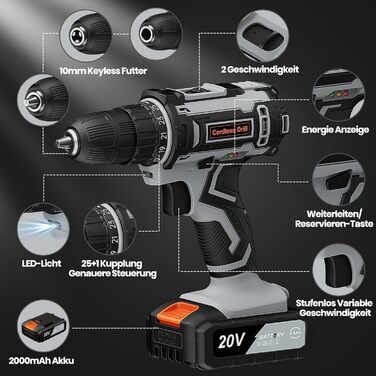 Акумуляторний шурупокрут/дрель 20V з набором аксесуарів, 42Nm, 10мм патрон, 2 швидкості, 25+1 момент затягування, для дому та ремонту