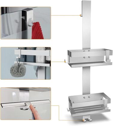 Полка для душу Melko з нержавіючої сталі без свердління, дзеркальний захист, кріплення для шампуню з гачками, підходить для душової кабіни з безрамковою скляною дверцями, антикорозійна, тримач для бритви та рушників